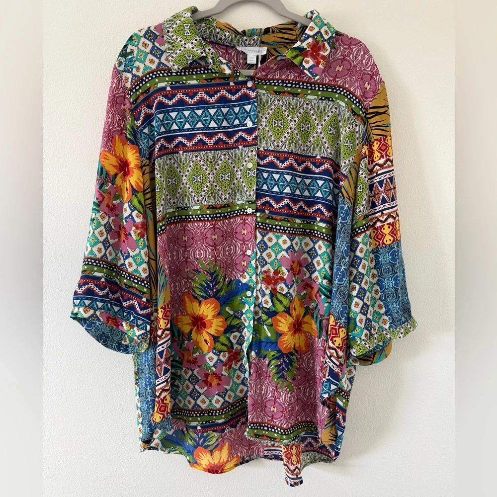 ✨NWT- Cynthia Rowley Floral Boho Pattern Patchwork 3/4 Sleeves Button Down 2X - Picture 2 of 9